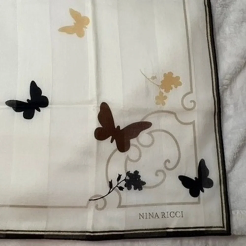 Vtg NINA RICCI Scarf Handkerchief Butterfly Floral Cream Brown Gold 23